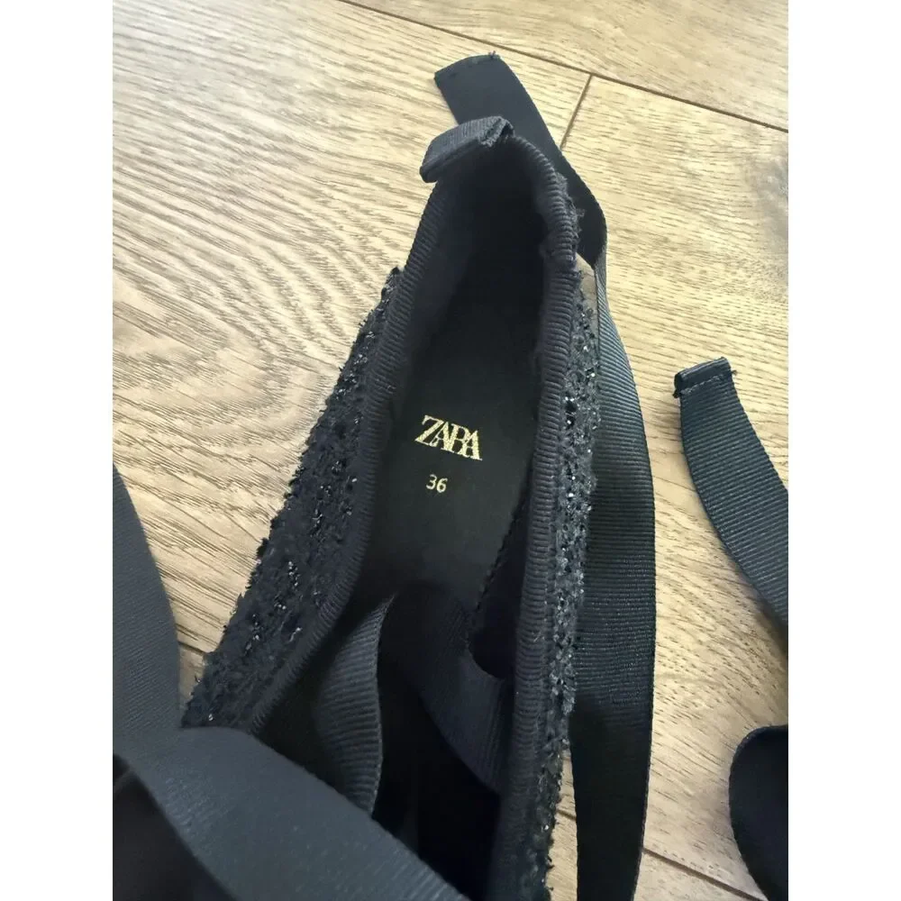 ZARA 36 nwot womens black ballet flat slipper lace ankle tie shoe tweed ribbon
